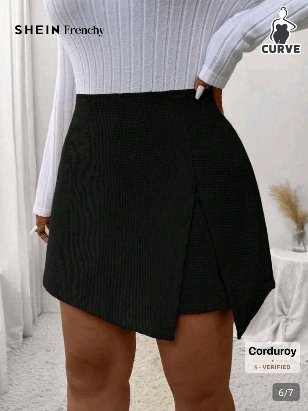 SHEIN Black Asymmetrical Corduroy Style Curve Wrap Mini Skort 3x